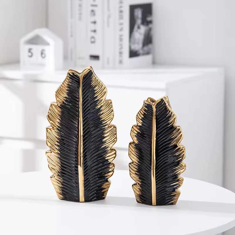 Set of 2 Luxury Leaf Shape Ceramic Vase Tabletop Ornament