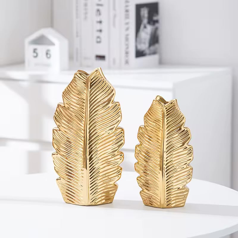 Set of 2 Luxury Leaf Shape Ceramic Vase Tabletop Ornament