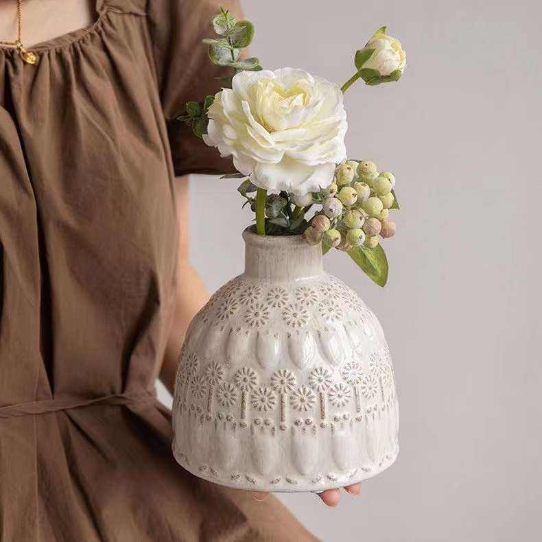 Handmade Rustic Embossed Vase Stoneware Dandelion Embossment Retro Vase