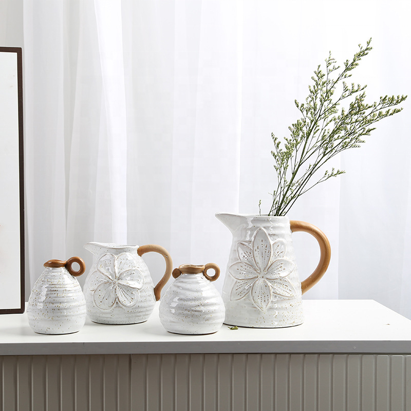 Set of 4 Ceramic Vases with Handles Rustic Vintage Pieces
