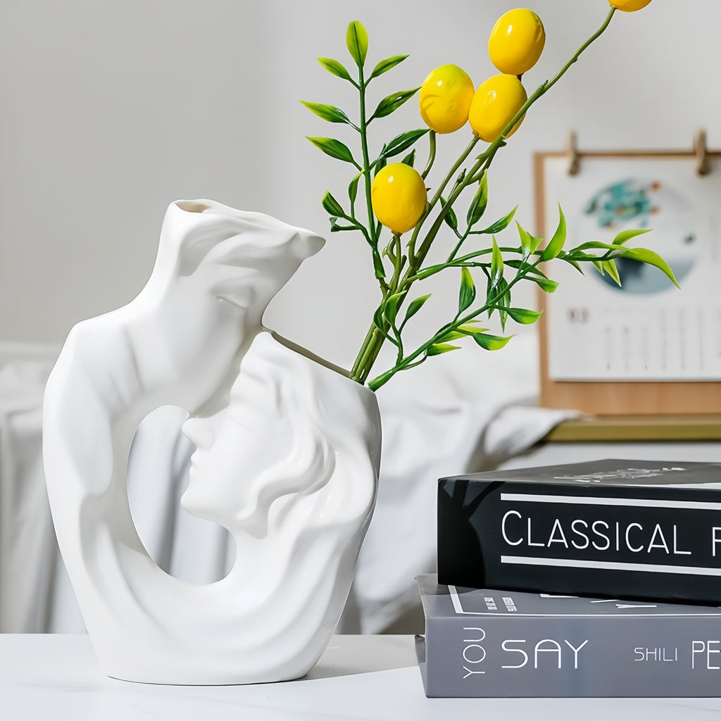 Art Deco Style Ceramic White Human Faces Vase