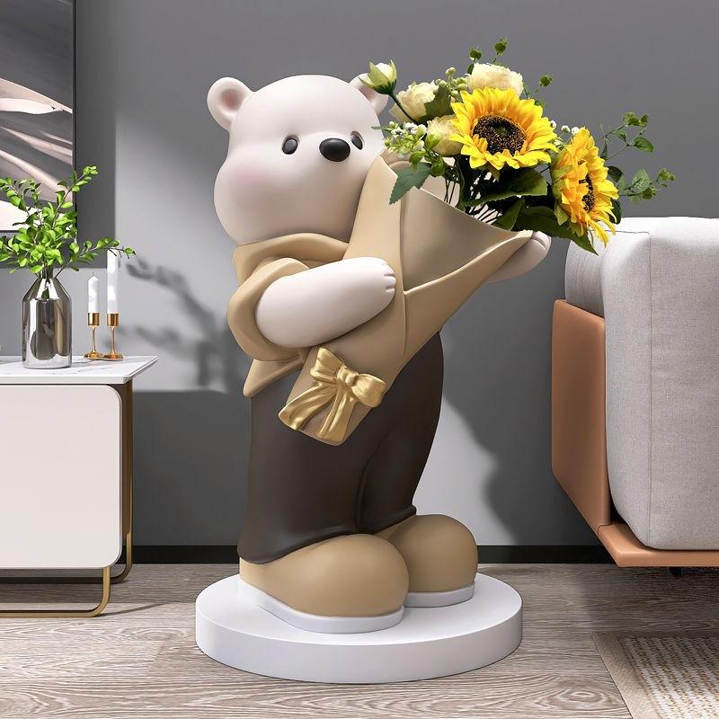 Cartoon Bear Statue Holding Flower Bouquet Resin Craft Vase