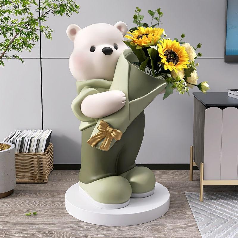 Cartoon Bear Statue Holding Flower Bouquet Resin Craft Vase