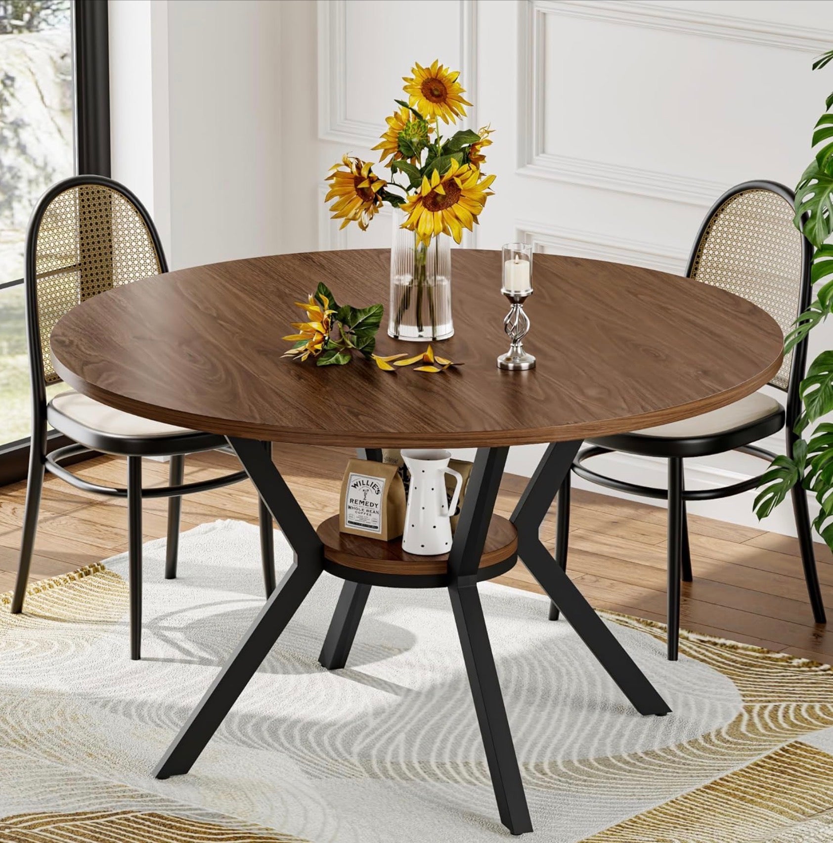 42" Round Dining Table for 4, Farmhouse Kitchen Table with Storage