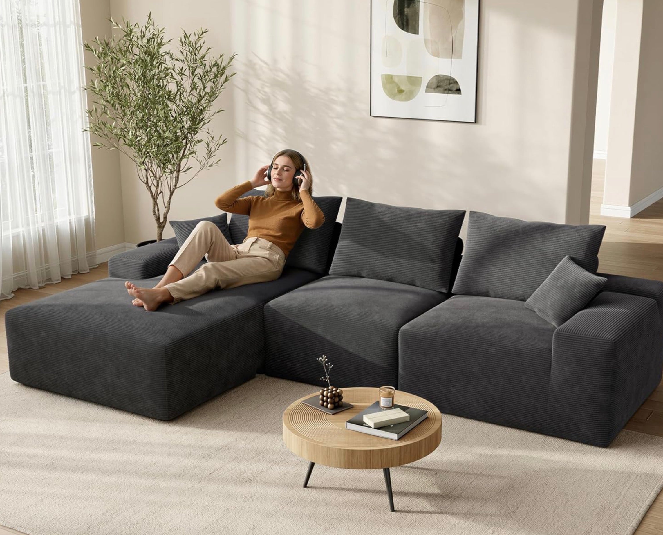 BONELESS Cloud 120" Modular Sectional Sofa with Chaise, Oversized Deep Seat Boneless Couch
