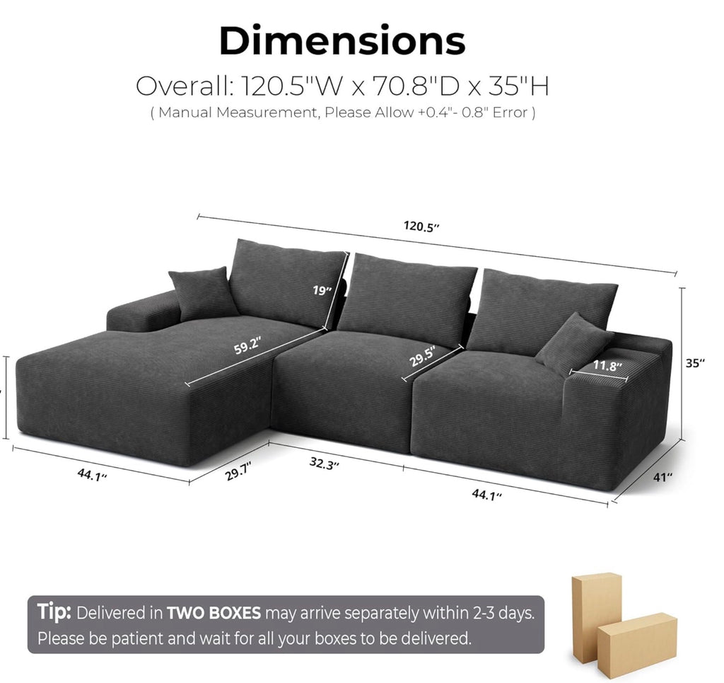 BONELESS Cloud 120" Modular Sectional Sofa with Chaise, Oversized Deep Seat Boneless Couch