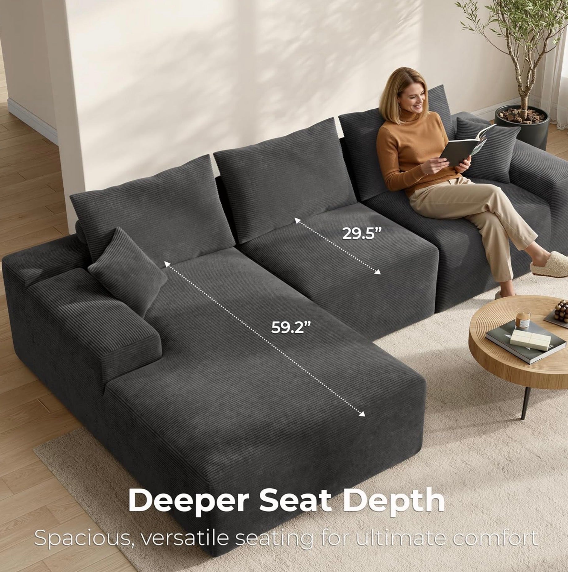 BONELESS Cloud 120" Modular Sectional Sofa with Chaise, Oversized Deep Seat Boneless Couch