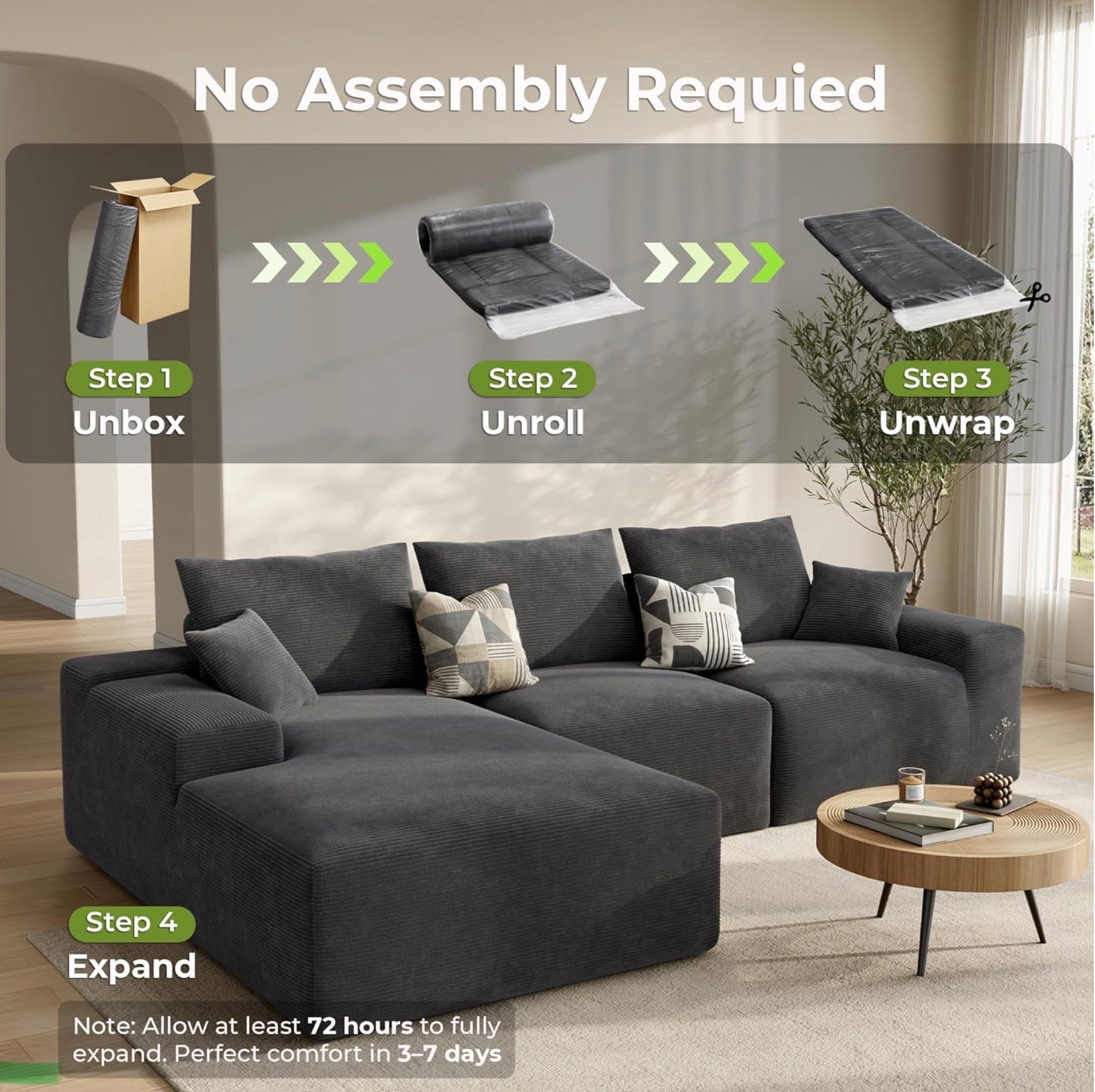 BONELESS Cloud 120" Modular Sectional Sofa with Chaise, Oversized Deep Seat Boneless Couch