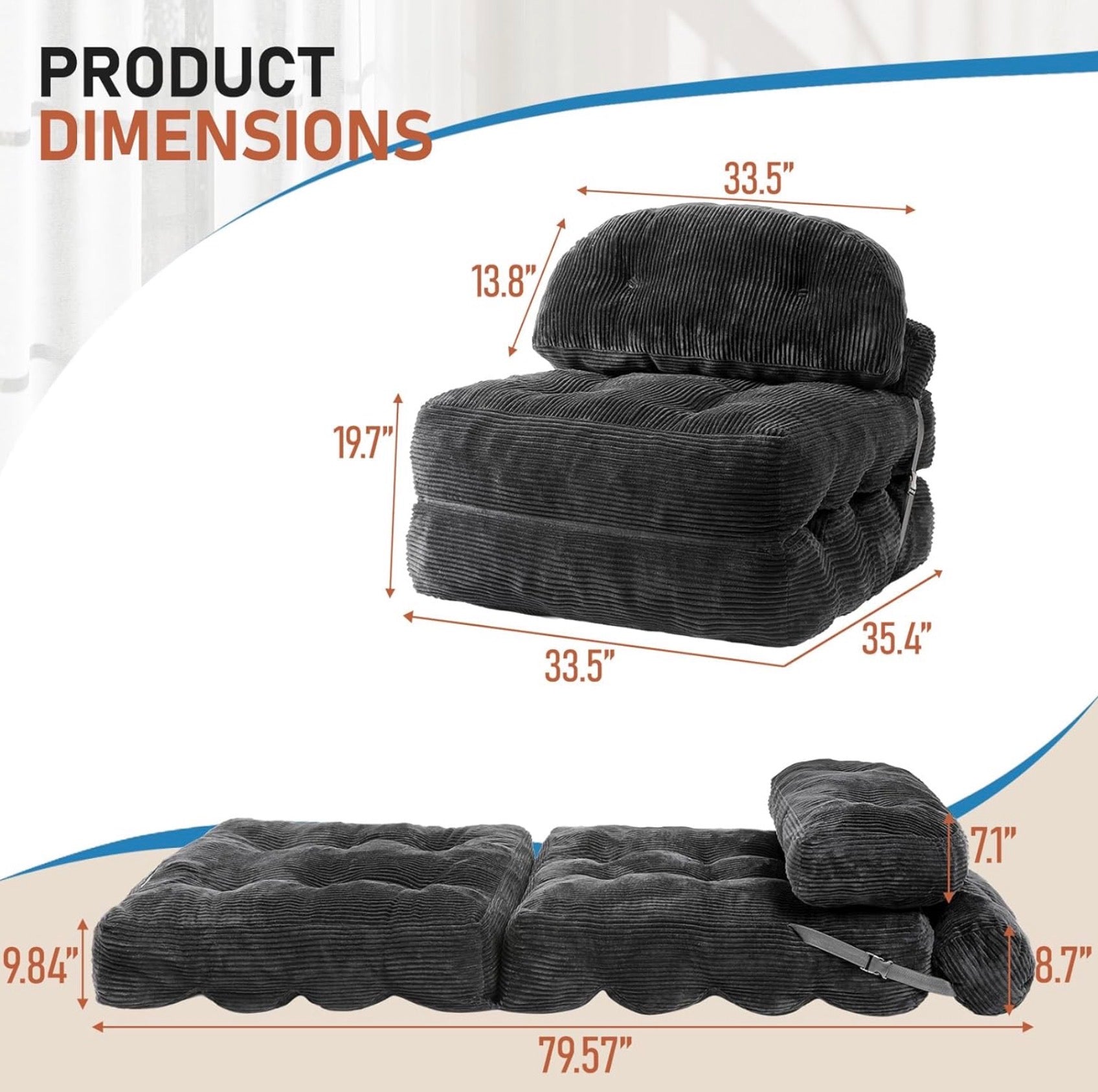 WONDERLAND Folding Sofa Bed, Convertible Sleeper Chair with Back Support and Pillow Futon