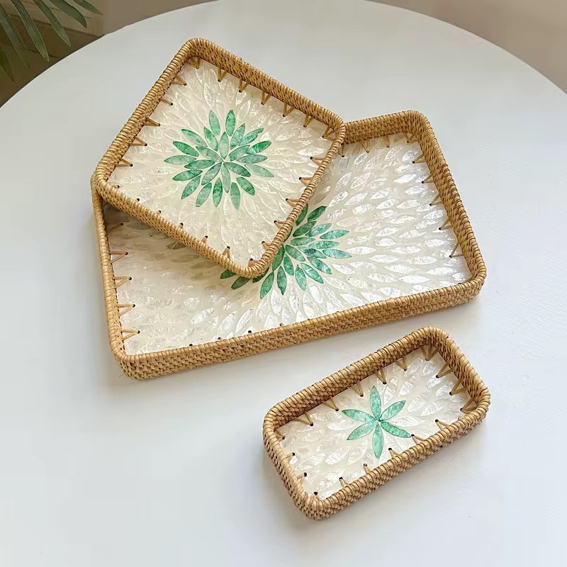 SET OF THREE Hand Crafted naturally rattan shell tray