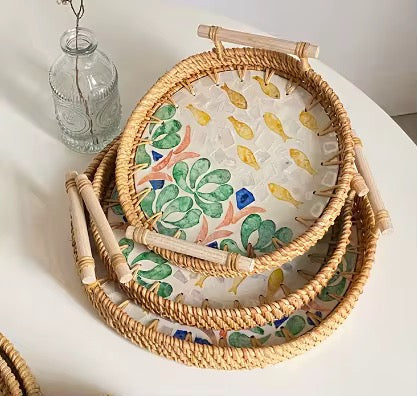 SET OF 3 Eco-Friendly Naturally Rattan Shell Modern Rounded Tray