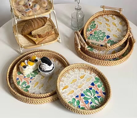 SET OF 3 Eco-Friendly Naturally Rattan Shell Modern Rounded Tray