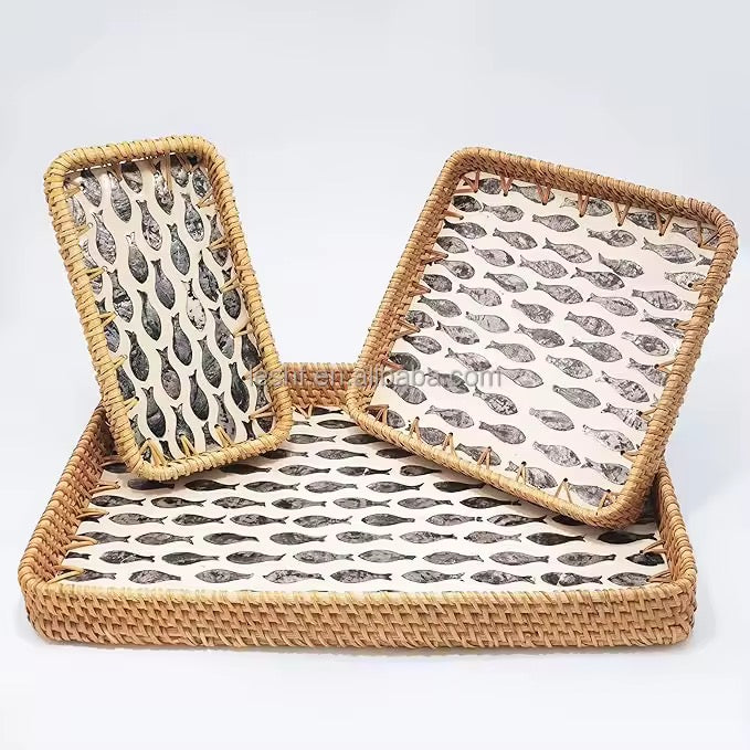 SET OF 3 Hand crafted rattan trays
